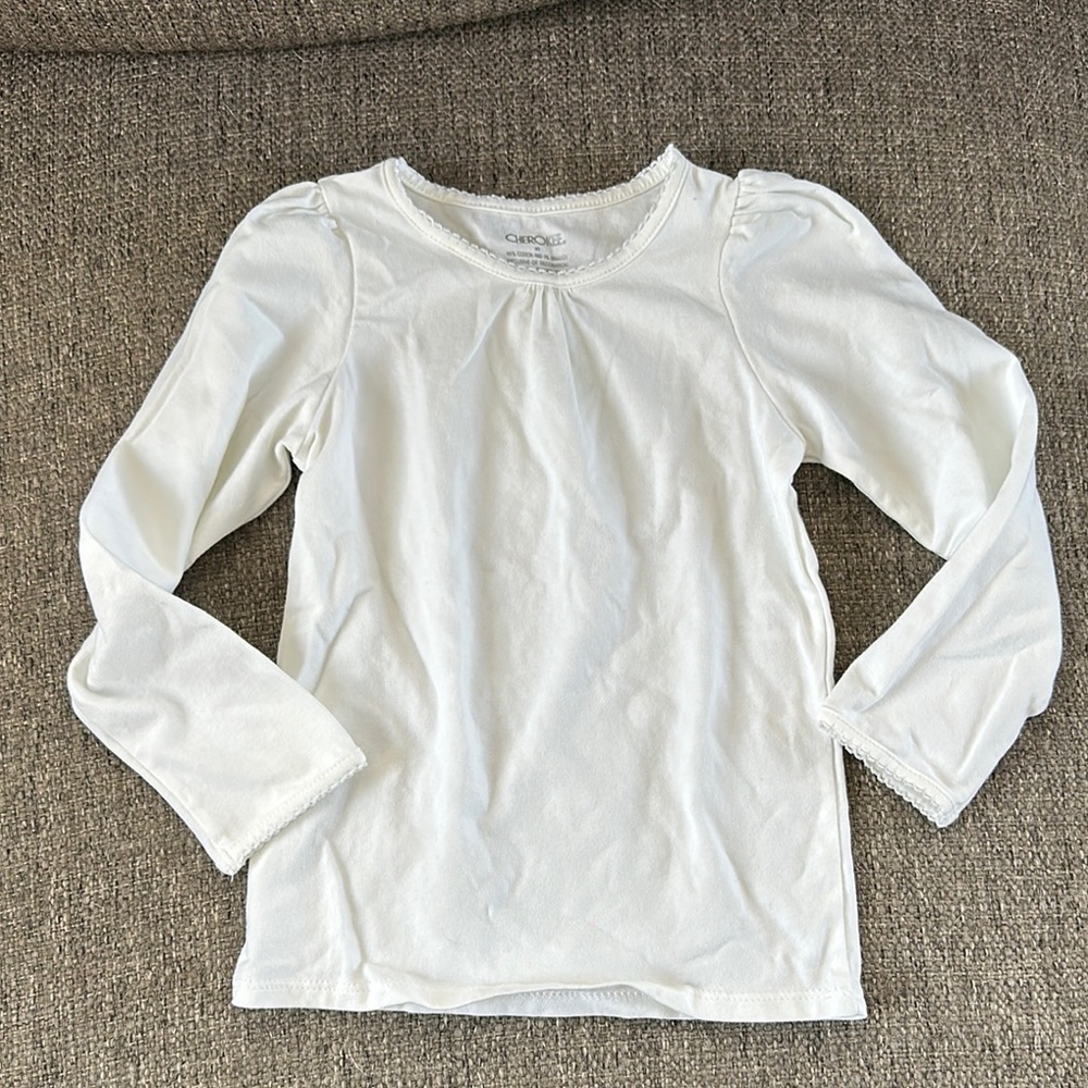 Cherokee Girls White Long Sleeve Top Gathering Scalloped Lace Trim Shirt Size 4T